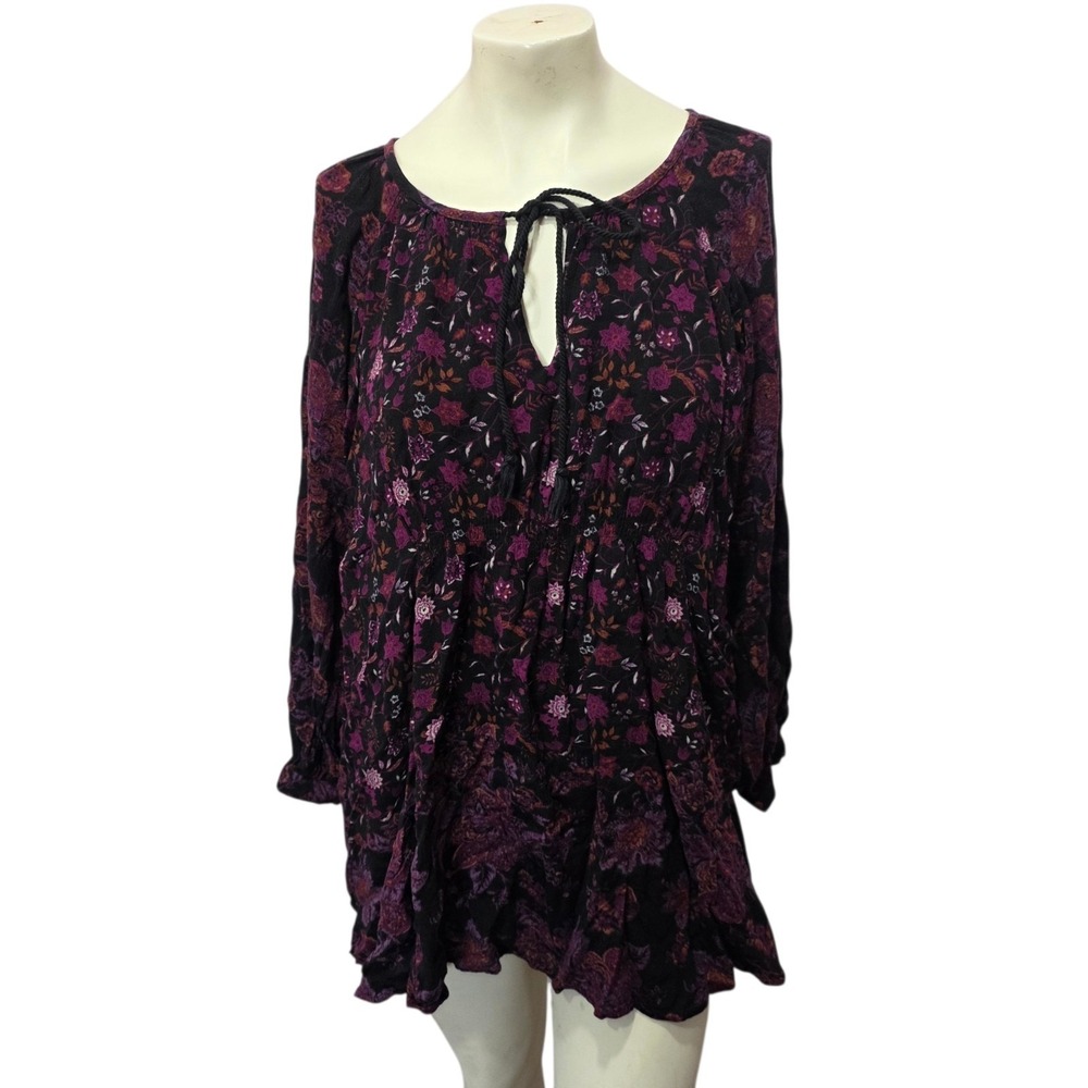 Free People Lucky Loosey Mini Tunic Dress M Purple Floral Boho Peasant Tassel‎